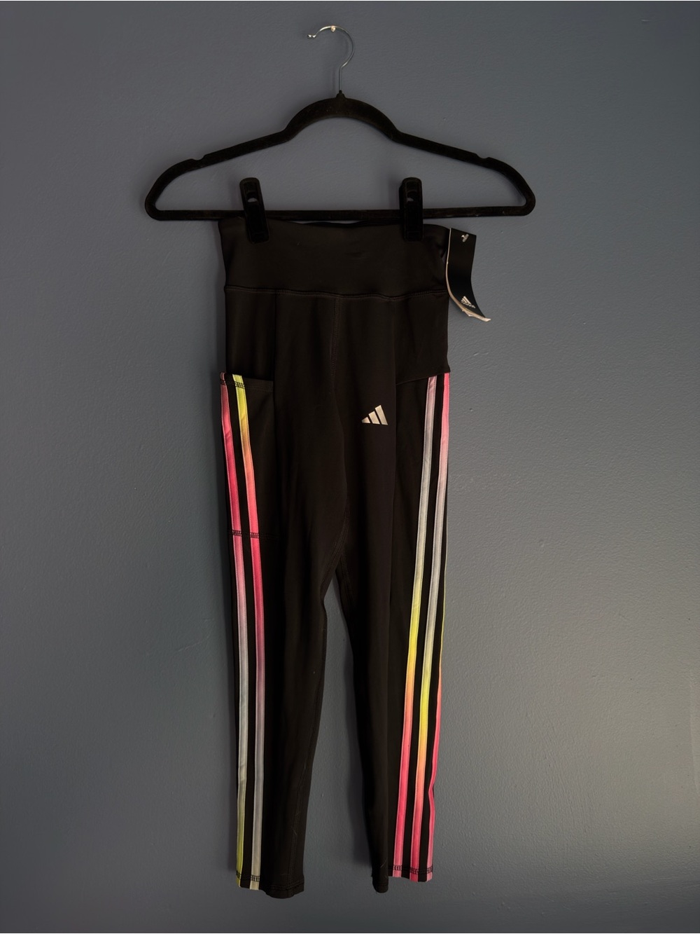 adidas Black Leggings with Neon Rainbow Side Stripes